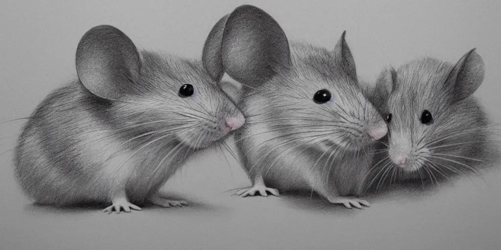 Image similar to a beautiful pencil drawing of exactly two!!!!! cartoon mice; masterpiece; extremely highly detailed; ultra-realistic; trending on artstation