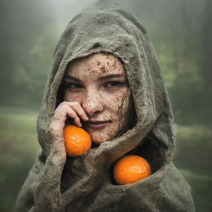 Image similar to a closeup portrait of a woman wearing a hood made of muddy hazmat hood, picking oranges from a tree in an orchard, foggy, moody, photograph, by vincent desiderio, canon eos c 3 0 0, ƒ 1. 8, 3 5 mm, 8 k, medium - format print