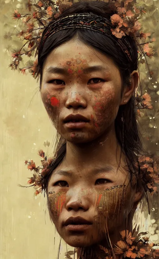 Image similar to detailed portrait of a tribal woman with asian eyes and thick lip forest girl, flowers and trees, by ismail inceoglu dragan bibin hans thoma greg rutkowski alexandros pyromallis nekro rene maritte illustrated, perfect face, fine details, realistic shaded, fine - face, pretty face