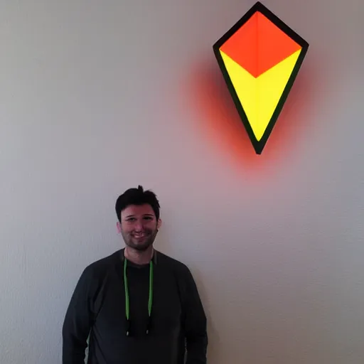 Prompt: a daytrader named jay standing proudly in front of triangular nanoleaf led lights on his wall