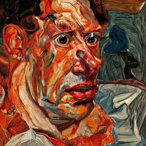 Image similar to high quality high detail expressionist painting of a man in agony by lucian freud and jenny saville and norman rockwell egon schiele and francis bacon, hd, anxiety, turquoise and orange