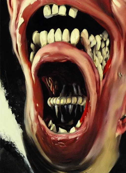 Image similar to joe biden mouth open, teeth and uvula!!!!!!!!! showing, drool, laugh fear!!!!!! scary, painting by phil hale, fransico goya,'action lines '!!!, graphic style, visible brushstrokes, motion blur, blurry, visible paint texture, crisp hd image