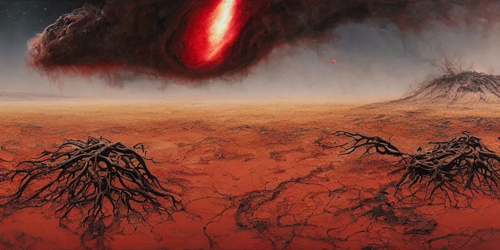 Image similar to supernova tornado, alien surface planet covered with black tree roots, red desert mars, norilsk, painted by ruan jia, raymond swanland, lawrence alma tadema, zdzislaw beksinski, norman rockwell, jack kirby, tom lovell, alex malveda, greg staples, steve mccurry