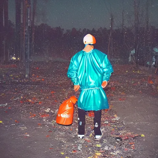 Image similar to the 2 0 2 2 award winning photo of justin bieber wearing a trash bag, cinematic, atmospheric, vivid, colorful, orange & teal, susan worsham photograph