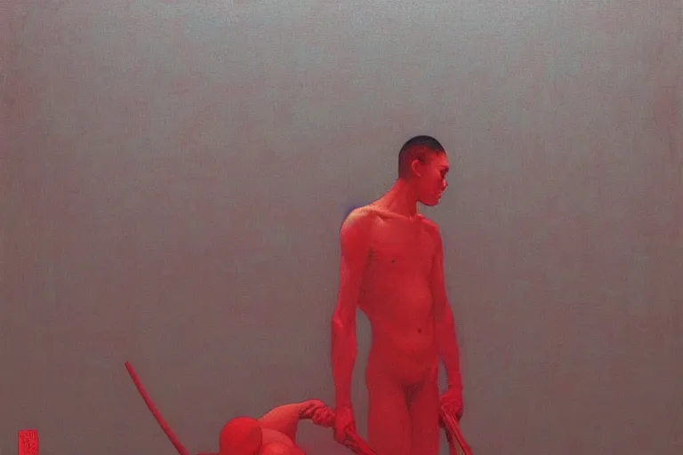 Image similar to only with red, a red samurai harakiri, tokio, a lot of frogs watch, in the style of beksinski, parts by edward hopper, parts by rodcenko, parts by yue minjun, intricate and epic composition, red by caravaggio, insanely quality, highly detailed, masterpiece, red light, artstation, 4 k