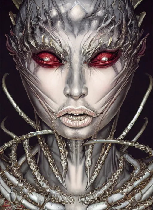Image similar to a hyper detailed face portrait of the queen of blades smiling, diablo 4 lilith, by yusuke murata, by hiroya oku, by dorian cleavenger, by tom bagshaw, by zdzisław beksinski, trending on artstation