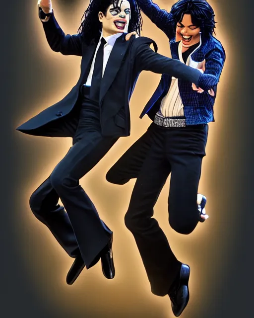 Image similar to Michael Jackson & Michael Mcintyre dancing in front of a crowd,real life skin, intricate, elegant, highly detailed, artstation, concept art, smooth, sharp, photo