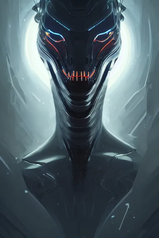 Image similar to professional concept art portrait of a predatory robotic species in a dark room by artgerm and greg rutkowski. an intricate, elegant, highly detailed digital painting, concept art, smooth, sharp focus, illustration, in the style of cam sykes.