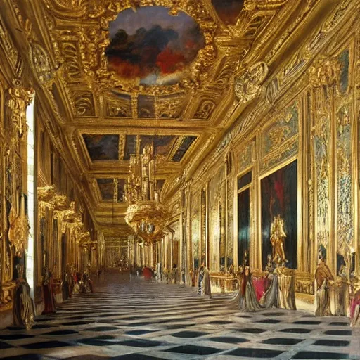 Image similar to fine art, oil on canvas baroque style by louis le nain. the interior of the palace of versailles in france. fine art in the walls and