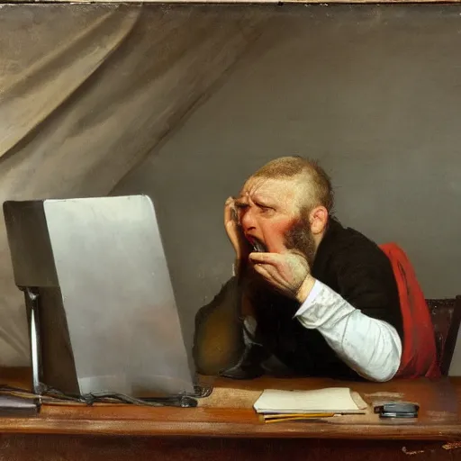 Image similar to an angry man yells at his computer monitor, oil on canvas, 1 8 8 3, highly detailed