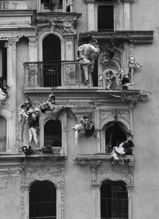 Image similar to masked crowd climbing balconies in central Rome during Carnival, coherent engraving by Hjalmar Moerner, , cinematic full shot, high res, 35mm film black and white photograph, 1812