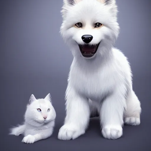 Image similar to crisp quality and light reflections, photorealistic portrait, studio lighting, still photo of a cute dog and a white cat, bright studio setting, highly detailed, unreal engine 5 quality render