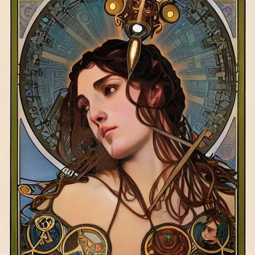 Prompt: realistic detailed face portrait of Athena by Alphonse Mucha, Greg Hildebrandt, and Mark Brooks, gilded details, spirals, Neo-Gothic, gothic, Art Nouveau, ornate medieval religious icon