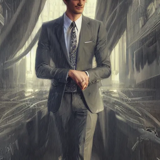 Image similar to full figure ultra realistic illustration, andrew garfield as business man, intricate, elegant, highly detailed, digital painting, artstation, concept art, smooth, sharp focus, illustration, art by artgerm and greg rutkowski and alphonse mucha