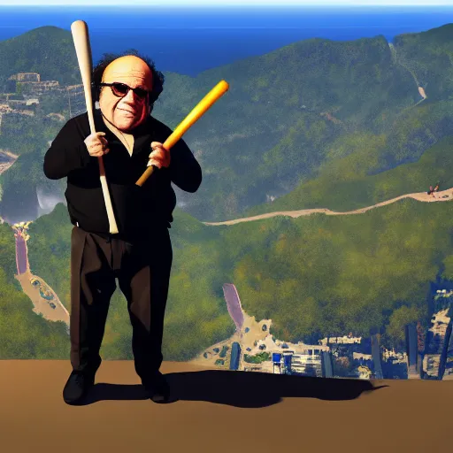 Image similar to Danny Devito at the top of a mountain, scenic view, holding a baseball bat!!, digital art, gta 5 cover art, trending on artstation