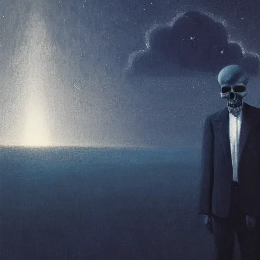 Image similar to a portrait of a man in a suit, his head is a skull, it is night and the sky is covered in stars, dramatic and cinematic lights, in the style of zdzislaw beksinski, in the style of edward hopper, 4 k,