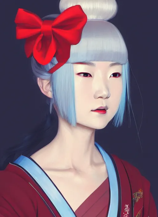 Image similar to centered painted portrait, a japanese princess young lady, with white hair and bangs with a red with a red bow tied in her hair!!!!, D&D, matte painting concept art, beautifully backlit, official fanart, colourful, by and ilya kuvshinov and Cushart Krentz and Gilleard James, 4k, HDR, Trending on artstation, Behance, award winning