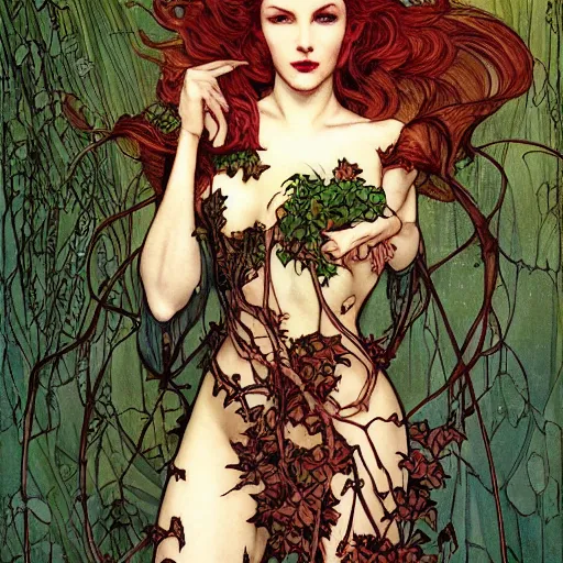 Image similar to a beautiful painting of poison ivy as an up and coming attorney who can't balance her life for love, dark eyeliner, intricate, elegant, highly detailed, digital painting, artstation, concept art, matte, sharp focus, illustration, art by rebecca guay and by arthur rackham and by alphonse mucha and by john william waterhouse