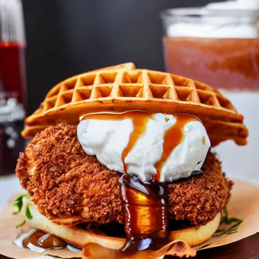 Image similar to photograph of a crispy Cajun fried chicken sandwich with Belgian Waffle Bun, maple syrup & hot fudge, ice cream on the side, 4K, HD