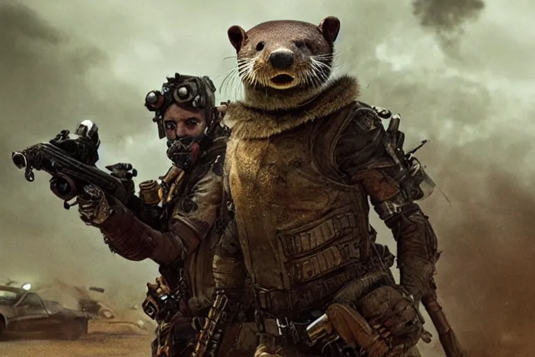 Image similar to a good ol'otter fursona ( from the furry fandom ), heavily armed and armored facing down armageddon in a dark and gritty version from the makers of mad max : fury road. witness me.