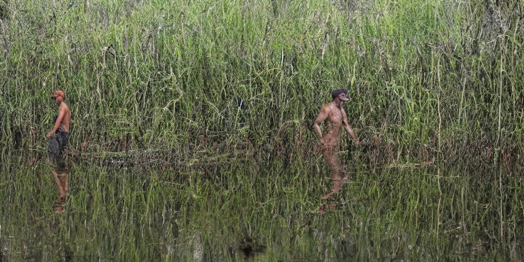 Image similar to National Geographic photograph of a swampy wetlands. Man walking through the swamp. Realistic.