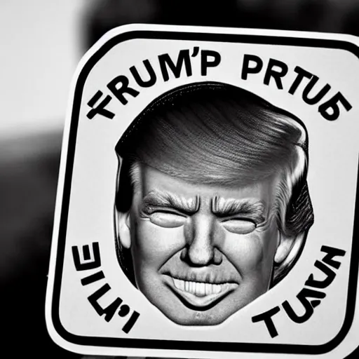 Image similar to a sticker that shows trump's face in black and white on a stop sign, close up, realistic, 8k.