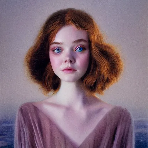 Prompt: Elle Fanning in a dream, head and shoulders portrait, extremely detailed masterpiece, Roger Deakin’s cinematography, illustration, by Michael Sowa,