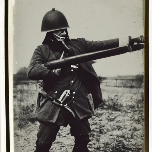 Prompt: Man aiming a musket, wearing World War 1 Stahlhelm, postapocalyptic, old polaroid photo