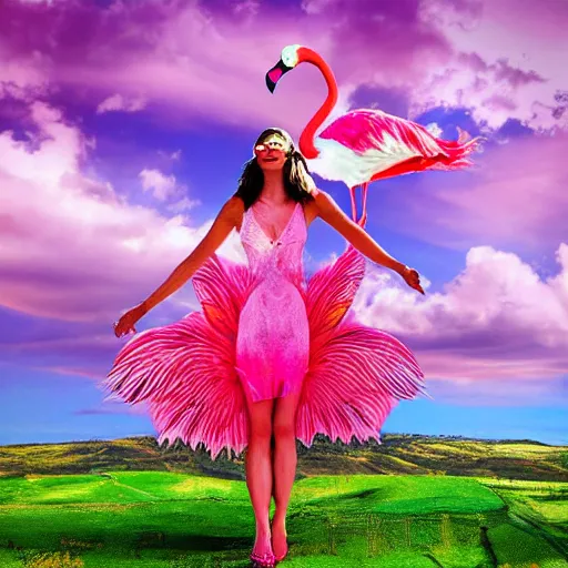 Prompt: goddess wearing a flamingo fashion, photoshop, colossal, creative, giant, digital art, photo manipulation, clouds, sky view from the airplane window