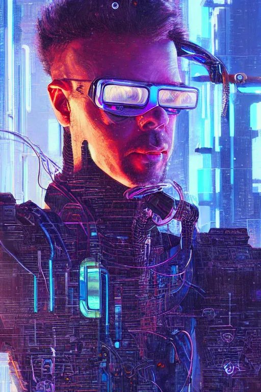 Image similar to A portrait of the Techgnosis author Erik Davis as a cyberpunk, iridescent highlights, background of digital greebles, highly detailed, intricate, soft, sci-fi, sharp focus, glowing lines, art by Ruan Jia and Moebius