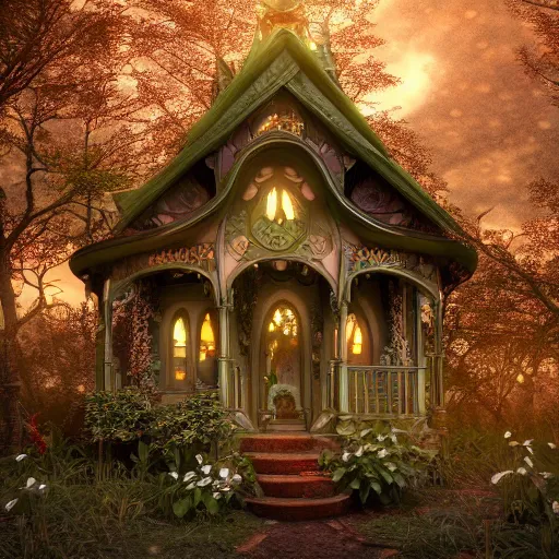 Prompt: a stunnng victorian fairy house, art nouveau, ultra detailed, warm interior light, cinematic shot, photorealistic, octane render, high definition, fine details, fairy mood, fireflies, 8 k