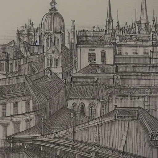 Prompt: a beautiful detailed inked drawing of a Victorian cityscape by Wed Anderson, muted colors