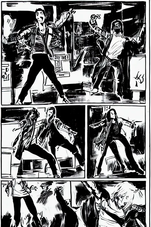 Image similar to michael jackson dancing, a page from cyberpunk 2 0 2 0, style of paolo parente, style of mike jackson, adam smasher, johnny silverhand, 1 9 9 0 s comic book style, white background, ink drawing, black and white