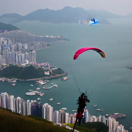 Prompt: sauron making paraglider above hong kong, fantasy