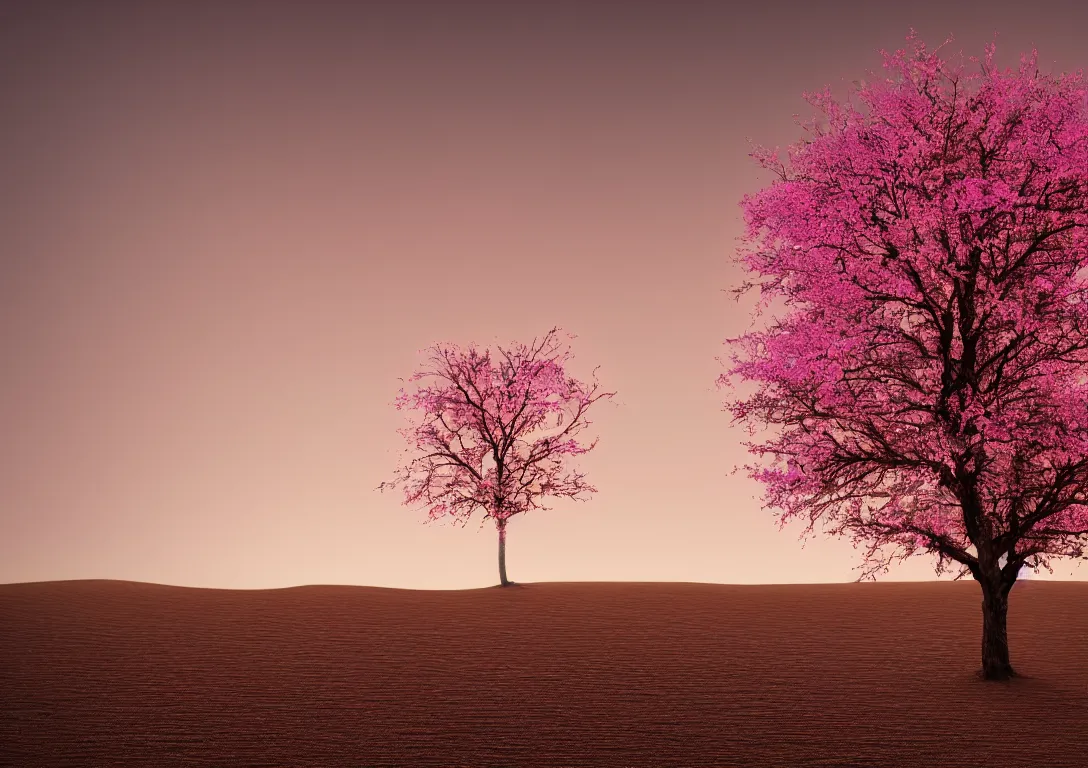 Image similar to a lonely pink tree in a dark desert, sand, gold, bright light, detailed photography, vivid colors, ultra realistic, 8 k, photography