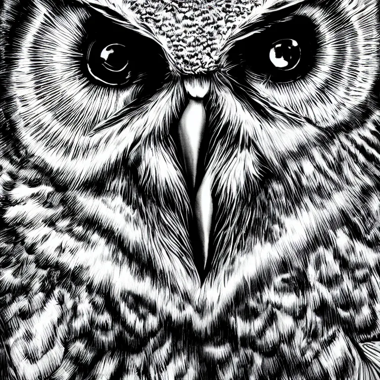 Image similar to hyperrealist highly detailed cinematic lighting studio portrait of a great horned owl, high contrast wood engraving, kentaro miura and junji ito manga style, shocking detail trending on artstation 8 k