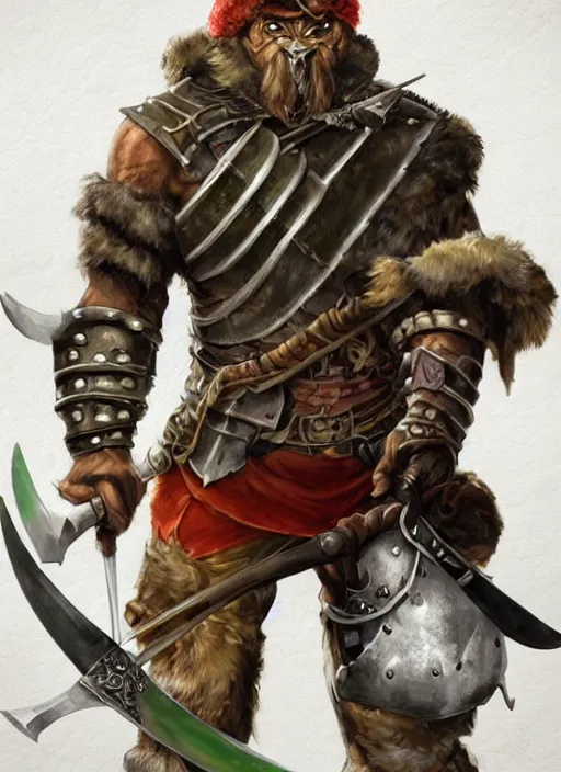 Image similar to strong young man, photorealistic bugbear ranger holding sword, fire magic, black beard, dungeons and dragons, pathfinder, roleplaying game art, hunters gear, jeweled ornate leather and steel armour, concept art, character design on white background, by norman rockwell, makoto shinkai, kim jung giu, artstation trending, poster art, colours red and green