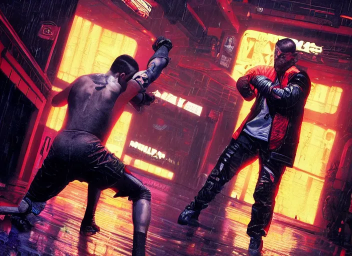 Prompt: cyberpunk kickboxing match ( blade runner 2 0 4 9, dystopian, cyberpunk 2 0 7 7 character design ). portrait by james gurney and laurie greasley, oil on canvas. cinematic, hyper realism, realistic proportions, dramatic lighting, high detail 4 k