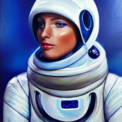 Image similar to fashion model in futuristic astronaut suit, full body portrait, hyperrealism oil painting