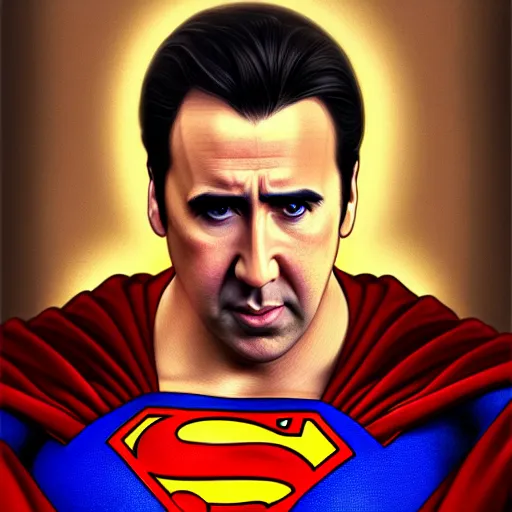 Image similar to upper body portrait of nicolas cage as superman, intricate, elegant, highly detailed, digital painting, artstation, concept art, smooth, sharp focus, illustration, art by artgerm and greg rutkowski and alphonse mucha, award winning, 8 k