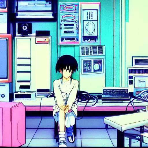 Prompt: a room full of computer screens and wires, serial experiments lain, sprite, vaporwave nostalgia, directed by beat takeshi, visual novel cg, 8 0 s anime vibe, kimagure orange road, maison ikkoku, sketch by akira toriyama