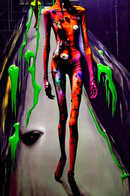 Image similar to crazy fashion catwalk, one model, crazy clothes, biopunk style, horror, clothes look like slime, hauntingly surreal, highly detailed painting by francis bacon, edward hopper, adrian ghenie, gerhard richter, and james jean soft light 4 k,