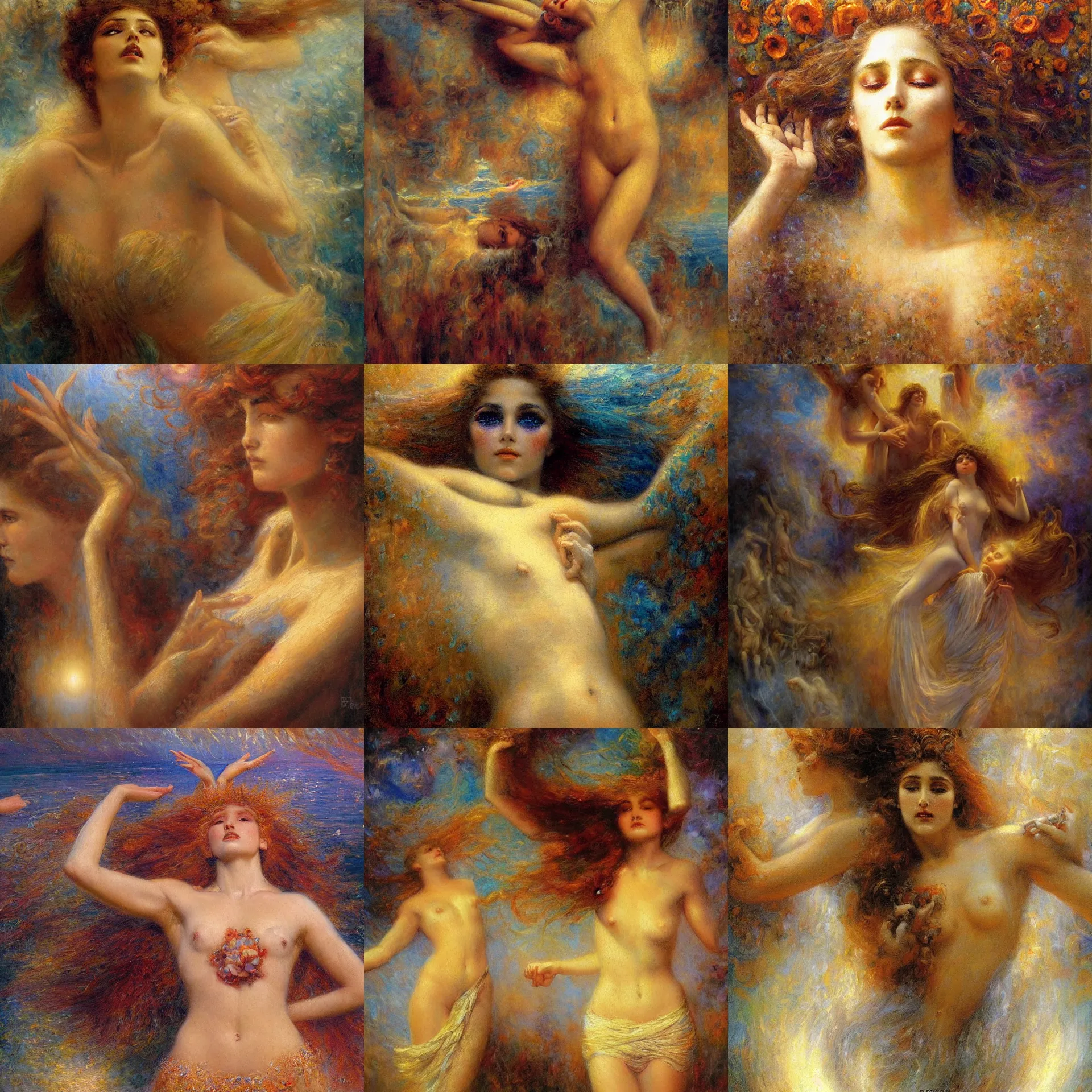 Prompt: surreal painting of a piece of art called the glorious awakening of an endless dream painted by gaston bussiere, symmetrical face, defined facial features, symmetrical facial features, dramatic lighting