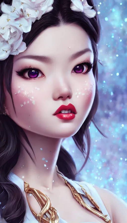 Image similar to a pin up and beautiful fashion and charming and dreamlke asian girl, lv jewelry, art by artgerm & jeehyung lee & wlop, hyperdetailed, 8 k realistic, symmetrical, frostbite 3 engine, cryengine, dof, trending on artstation, digital art