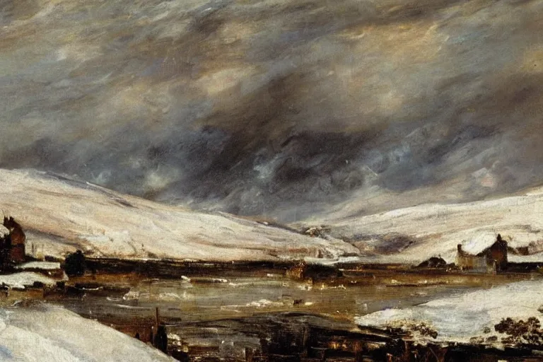 Image similar to a beautiful oil painting of a Scottish Highland winter landscape, evening light, by john constable, beautiful light, detailed, dramatic