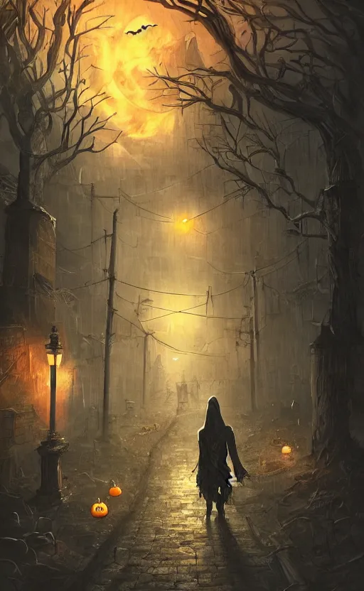 Image similar to a creepy and eery Halloween setting, with Jack o lanterns on the street and ghost roaming around, dynamic lighting, photorealistic fantasy concept art, stunning visuals, creative, cinematic, ultra detailed, trending on art station, spooky vibe