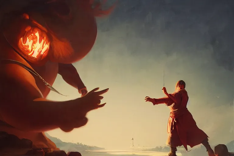 Prompt: a dynamic painting of a medieval sorcerer fighting a gigantic white fat monster, obese monstrosity fight by ilya kuvshinov and jeremy lipking and quentin mabille, realism, ultra detailed, 8 k resolution