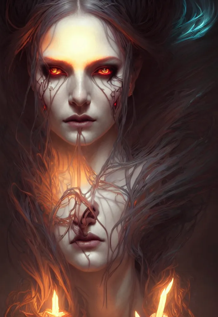 Image similar to Necromancer Sorceress face in center, fantasy magic, undercut hairstyle, dark light night, intricate, elegant, sharp focus, illustration, highly detailed, digital painting, concept art, matte, art by WLOP and Artgerm and Greg Rutkowski and Alphonse Mucha, masterpiece