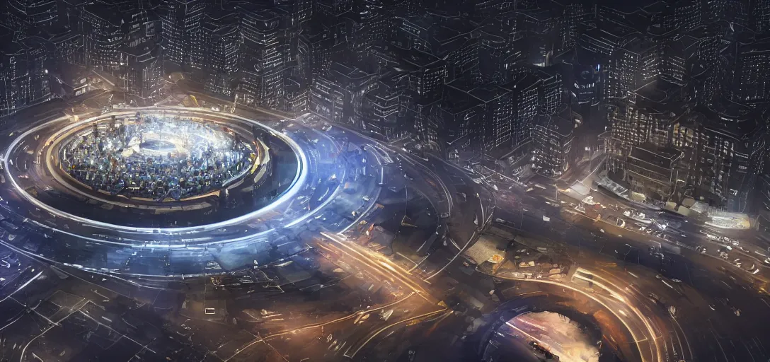 Prompt: policemen protect a huge spiral - shaped luminous object right in the center of the city from protesting crawd, night, rain and light fog, professional lighting, concept art in 3 d, high detail, professional lighting