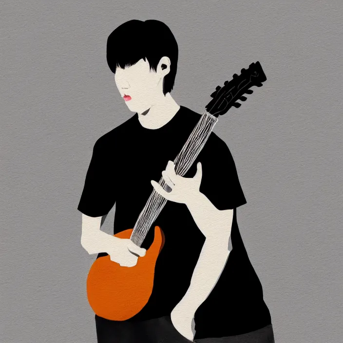 Image similar to minimal painting of a young korean man wearing black t shirt holding an electric guitar!!, dark background, huge brush strokes, dramatic smoke everywhere, matte colors, dramatic brush strokes, abstract, trending on artstation